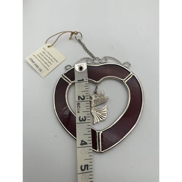 Vintage Viva Heart Cranberry/ Red Stained Glass and Pewter Suncatcher With Angel - Picture 8 of 8